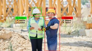 Efficient shipyard AI monitoring for streamlined operations and safety. Two operators: on the right worker without incorrect protective devices, on the left detection of the correct wearing of personal protective devices.