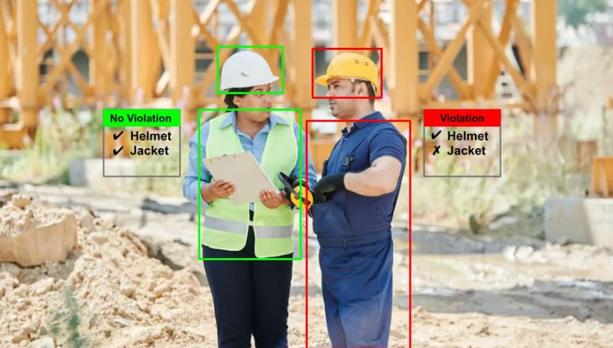 Software that identifies whether workers have personal protective equipment. Two workers on construction site